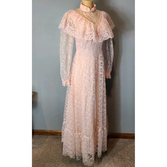 Vintage 70s Victorian Cottagecore Pink Lace Flounce Sleeve Prairie Maxi Dress S - Picture 8 of 16